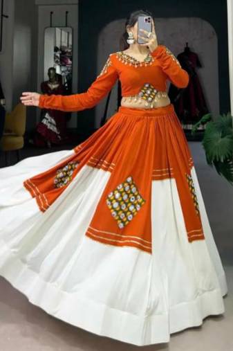 Orange & White Embroidered Patchwork Lehenga with Matching Crop Top