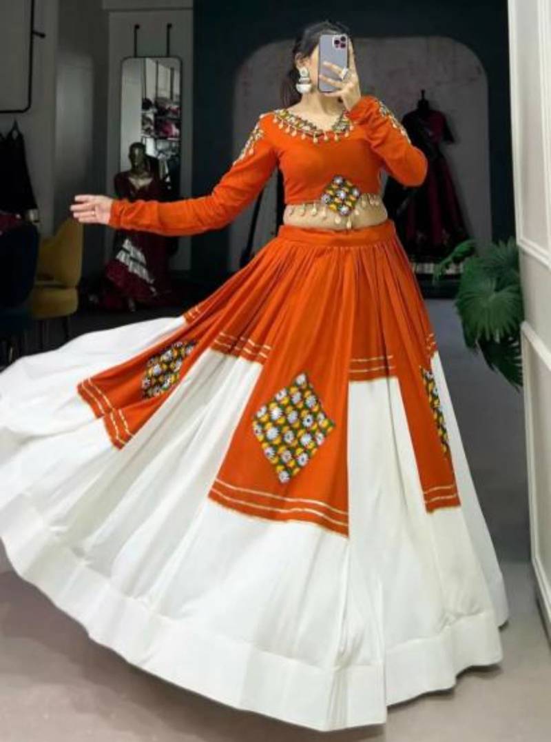 Orange & White Embroidered Patchwork Lehenga with Matching Crop Top