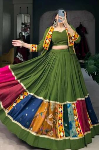 Olive Green Lehenga with Multi-Color Patchwork and Embroidered Jacket Set