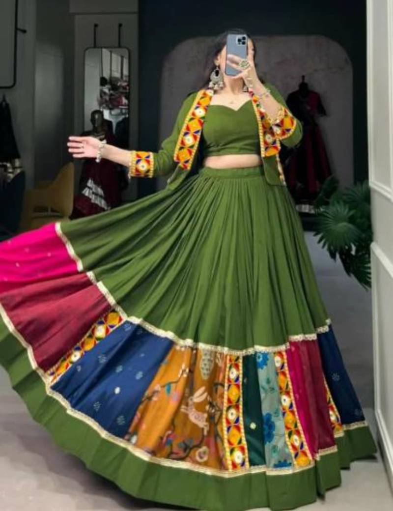 Olive Green Lehenga with Multi-Color Patchwork and Embroidered Jacket Set