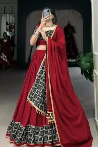 Red Lehenga with Black & Gold Traditional Block Print and Matching Dupatta