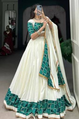 White Lehenga with Teal Blue & Gold Traditional Block Print and Matching Dupatta