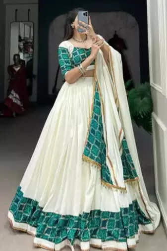 White Lehenga with Teal Blue & Gold Traditional Block Print and Matching Dupatta