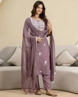 Peach Cambric Cotton Embroidery Kurta Pant with Dupatta Set 1