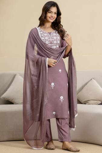 Peach Cambric Cotton Embroidery Kurta Pant with Dupatta Set