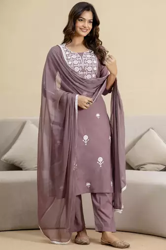 Peach Cambric Cotton Embroidery Kurta Pant with Dupatta Set