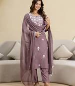 Peach Cambric Cotton Embroidery Kurta Pant with Dupatta Set