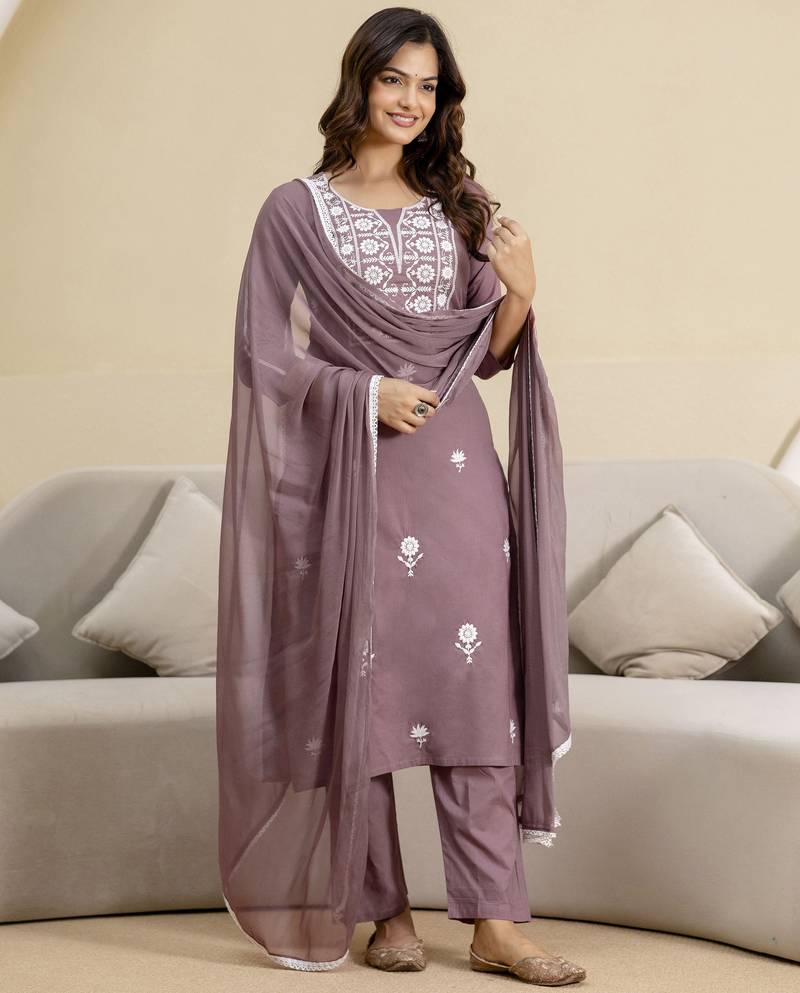 Peach Cambric Cotton Embroidery Kurta Pant with Dupatta Set