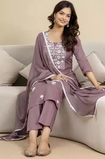 Peach Cambric Cotton Embroidery Kurta Pant with Dupatta Set