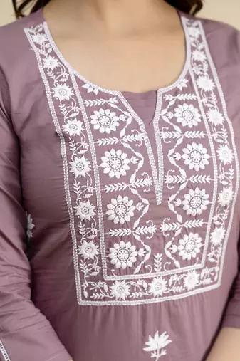 Peach Cambric Cotton Embroidery Kurta Pant with Dupatta Set
