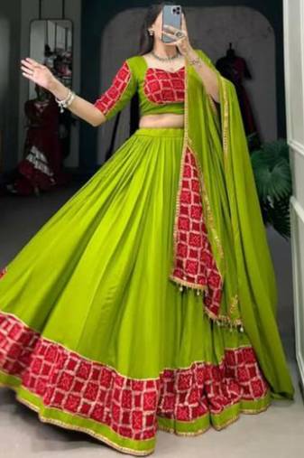 Parrot Green  Lehenga with Pink & Gold Traditional Block Print and Matching Dupatta