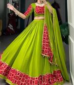 Parrot Green  Lehenga with Pink & Gold Traditional Block Print and Matching Dupatta