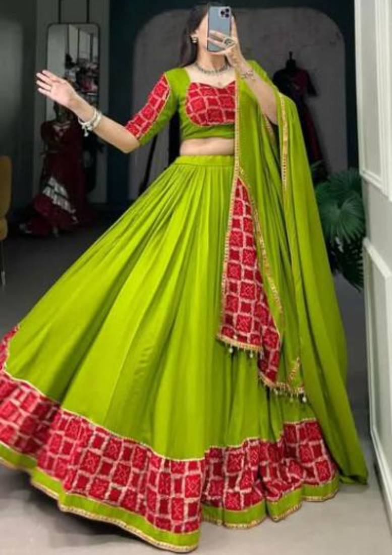 Parrot Green  Lehenga with Pink & Gold Traditional Block Print and Matching Dupatta