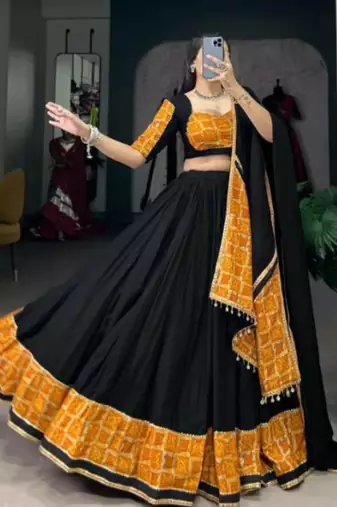 Black Lehenga with Mustard & Gold Traditional Block Print and Matching Dupatta