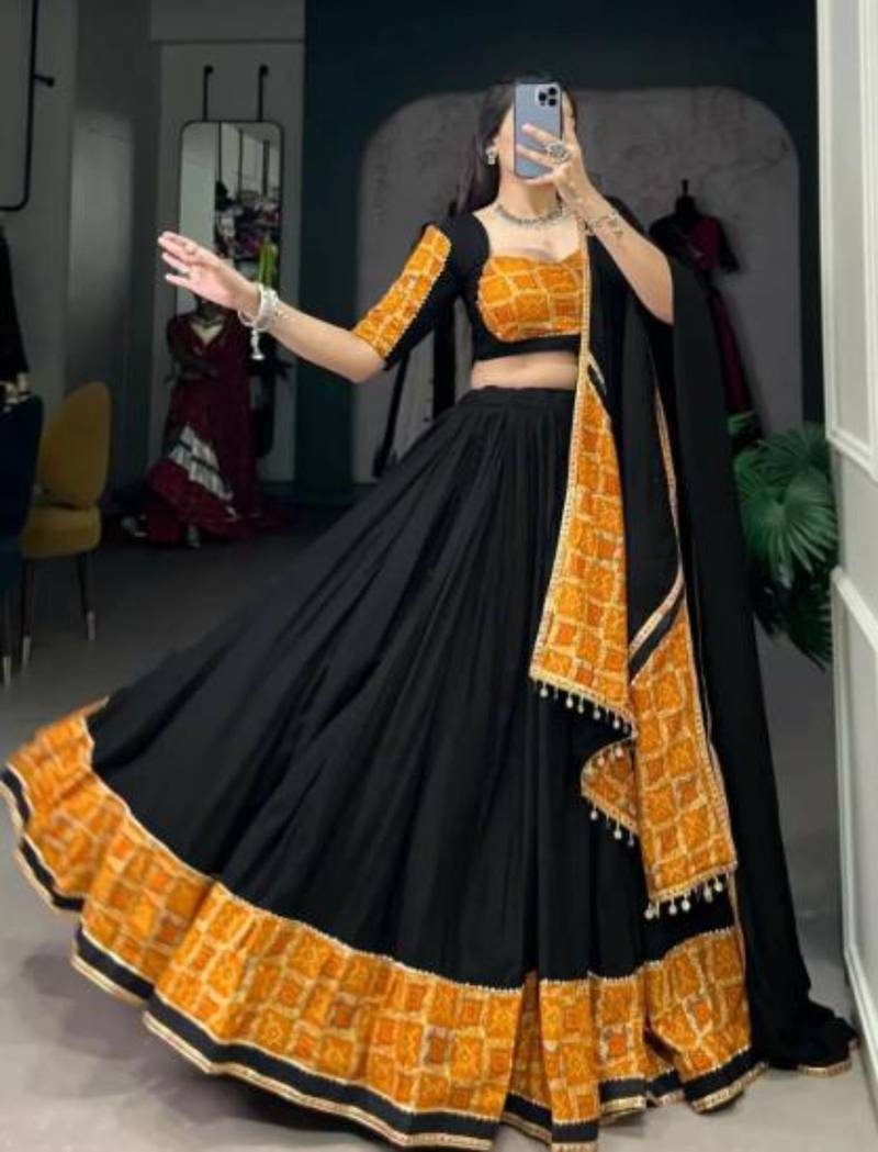 Black Lehenga with Mustard & Gold Traditional Block Print and Matching Dupatta
