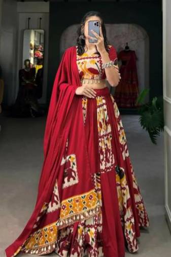 Elegant Red and Yellow Traditional Indian Lehenga Choli with Animal Motifs