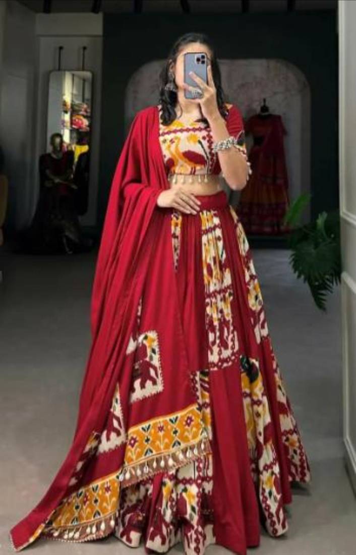 Elegant Red and Yellow Traditional Indian Lehenga Choli with Animal Motifs