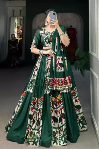 Elegant Green Traditional Indian Lehenga Choli with Animal Motifs
