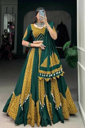 Elegant Green & Mustard Printed Cotton Lehenga Set with Cowrie Tassels