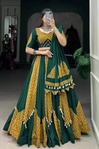 Elegant Green & Mustard Printed Cotton Lehenga Set with Cowrie Tassels