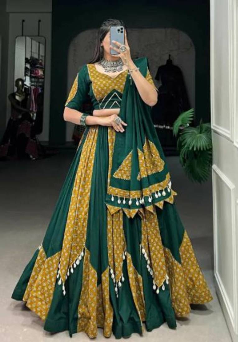 Elegant Green & Mustard Printed Cotton Lehenga Set with Cowrie Tassels