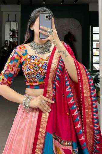 Peach Tussar Silk Lehenga Set with Vibrant Gamthi Embroidered Blouse and Printed Dupatta
