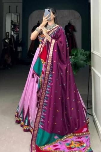 Pink Tussar Silk Lehenga with Colorful Gamthi Embroidered Blouse and Printed Dupatta
