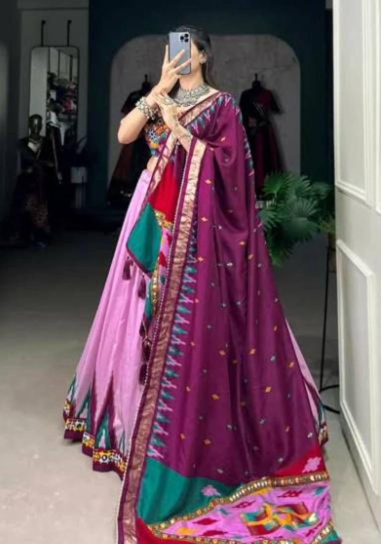 Pink Tussar Silk Lehenga with Colorful Gamthi Embroidered Blouse and Printed Dupatta
