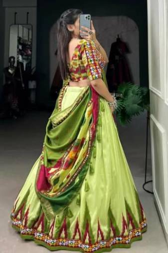 Lime Green Traditional Lehenga Set with Multicolor Gamthi Blouse & Printed Dupatta