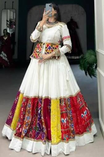 Elegant White Multicolor Patchwork Anarkali Gown with Gamthi Work