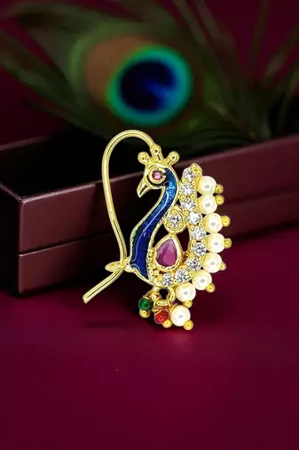 Gold plated peacock design clip on nosepin
