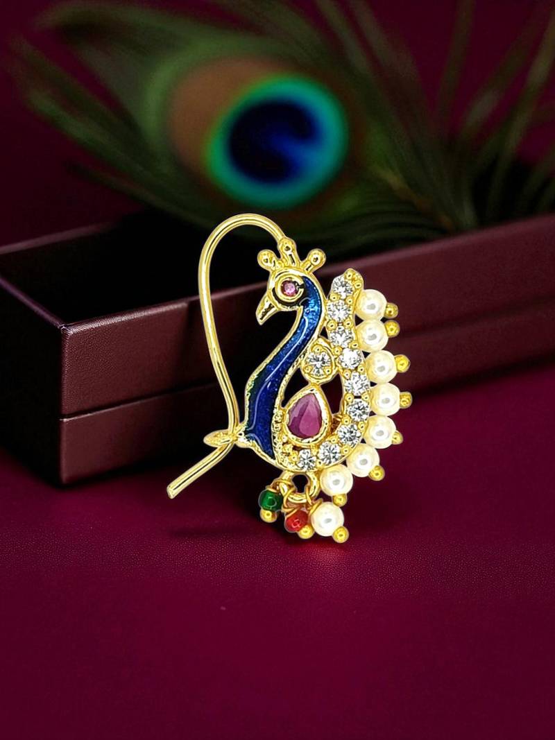 Gold plated peacock design clip on nosepin