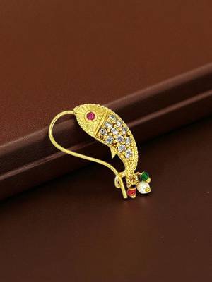 Gold plated fish design studded clip on nosepin 1