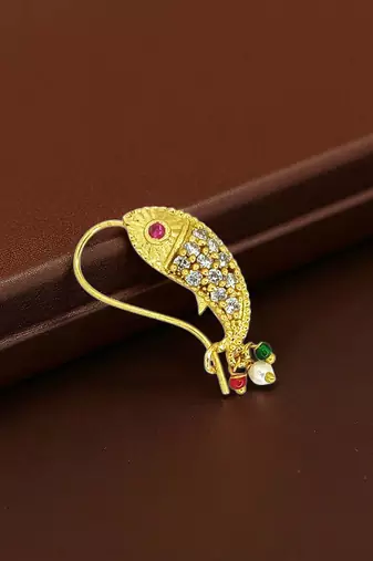 Gold plated fish design studded clip on nosepin