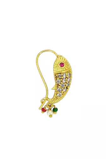 Gold plated fish design studded clip on nosepin