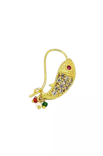 Gold plated fish design studded clip on nosepin