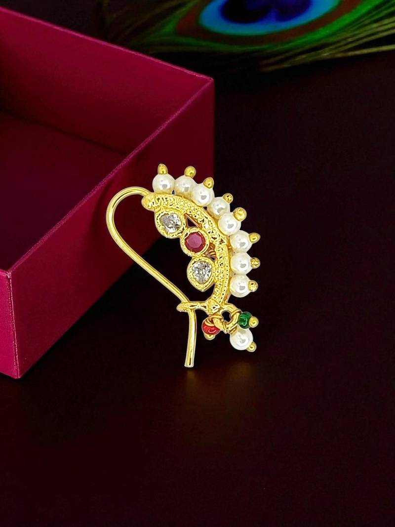 Gold plated stone studded clip on nosepin