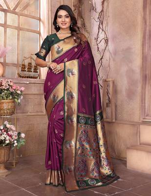 Maroon silk blend zari weaving paithani saree with peacock border and pallu 1