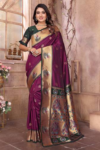 Maroon silk blend zari weaving paithani saree with peacock border and pallu