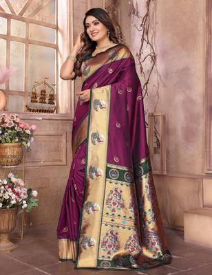 Maroon silk blend zari weaving paithani saree with peacock border and pallu 2