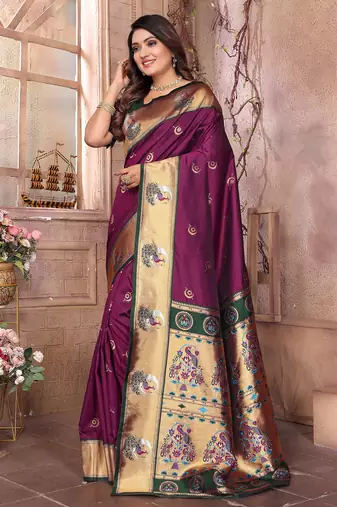Maroon silk blend zari weaving paithani saree with peacock border and pallu