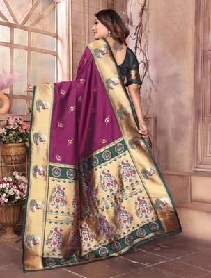 Maroon silk blend zari weaving paithani saree with peacock border and pallu 3