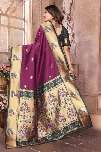 Maroon silk blend zari weaving paithani saree with peacock border and pallu