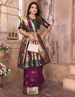 Maroon silk blend zari weaving paithani saree with peacock border and pallu 4