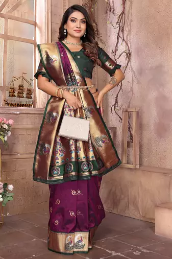 Maroon silk blend zari weaving paithani saree with peacock border and pallu