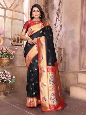 Black silk blend zari weaving paithani saree with peacock border and pallu 1