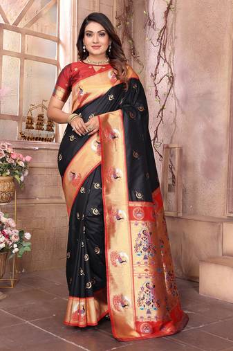 Black silk blend zari weaving paithani saree with peacock border and pallu