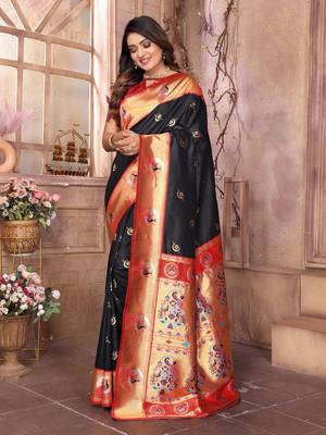 Black silk blend zari weaving paithani saree with peacock border and pallu 2