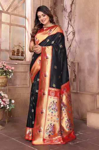 Black silk blend zari weaving paithani saree with peacock border and pallu