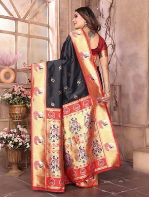 Black silk blend zari weaving paithani saree with peacock border and pallu 3